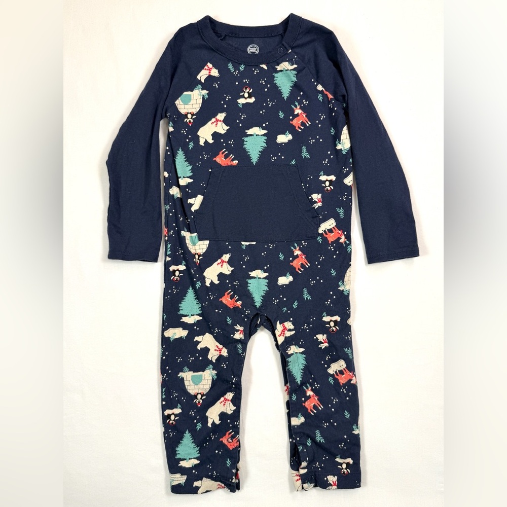 WONDER NATION Baby Boys' Navy Blue Long Sleeve‎ Winter Animals Jumpsuit Size 18M
